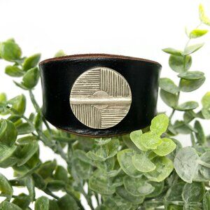 MishaGirl Handmade Black Leather Beaded Cuff Bracelet, Silver Bead